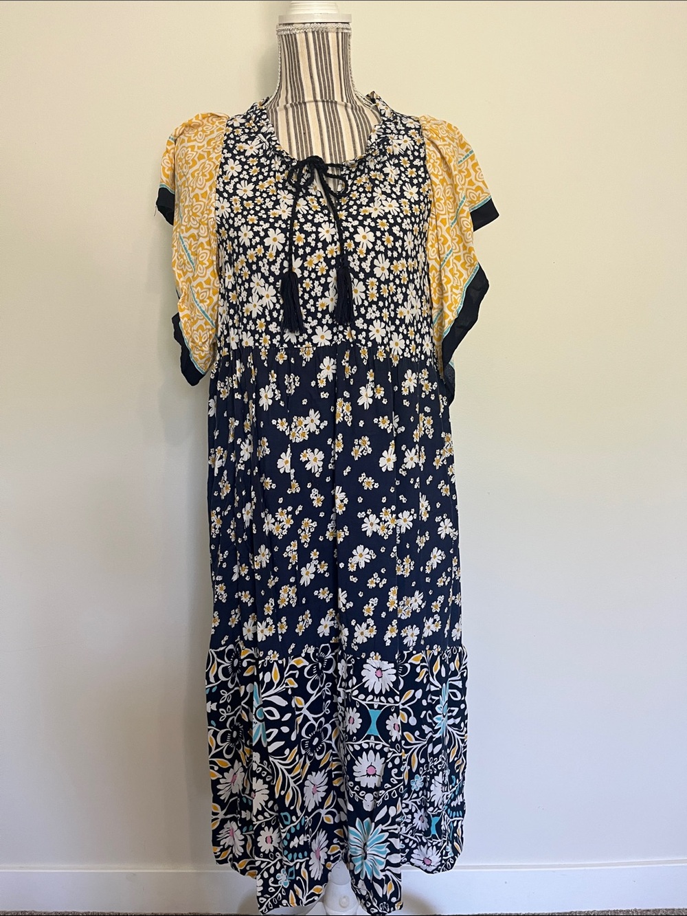 Kaktus Navy Floral Midi Dress with Yellow Accent